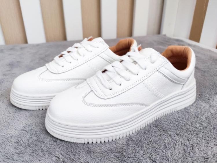 Women's White Leather Sneakers | Lace-Up Casual Fashion Flat Shoe | AquaMotivtTM