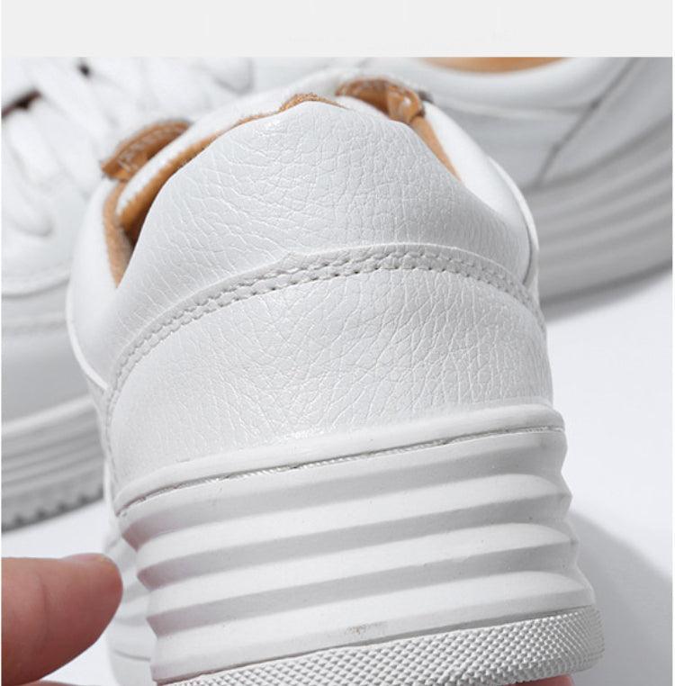 Women's White Leather Sneakers | Lace-Up Casual Fashion Flat Shoe | AquaMotivtTM