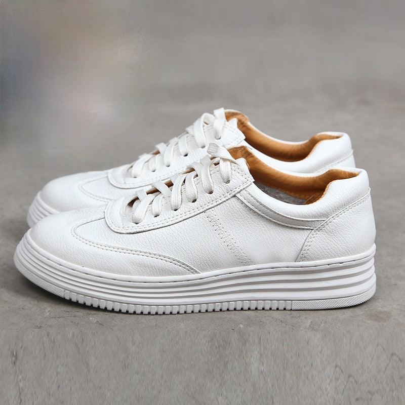 Women's White Leather Sneakers | Lace-Up Casual Fashion Flat Shoe | AquaMotivtTM