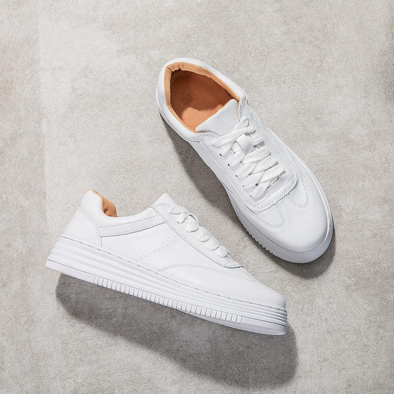 Women's White Leather Sneakers | Lace-Up Casual Fashion Flat Shoe | AquaMotivtTM