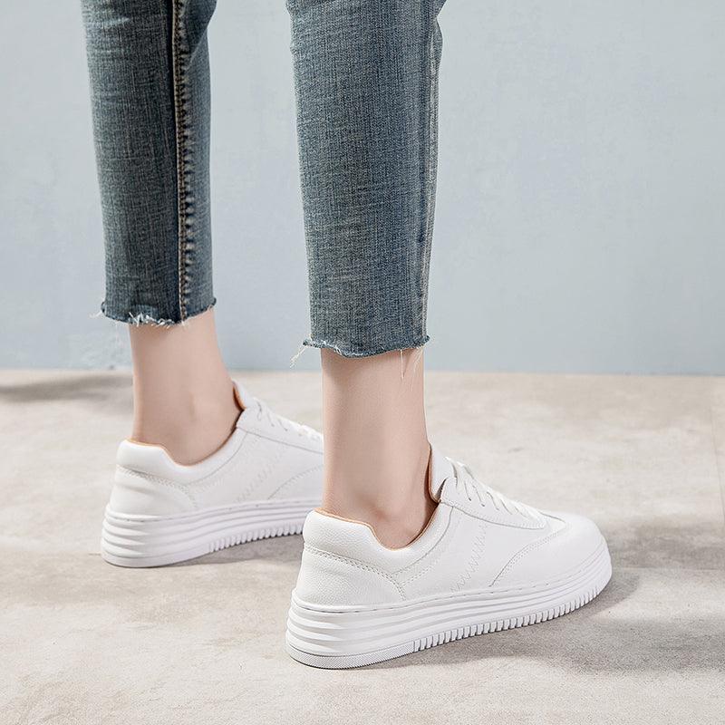 Women's White Leather Sneakers | Lace-Up Casual Fashion Flat Shoe | AquaMotivtTM
