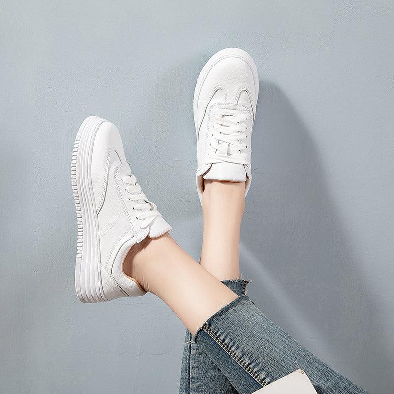 Women's White Leather Sneakers | Lace-Up Casual Fashion Flat Shoe | AquaMotivtTM