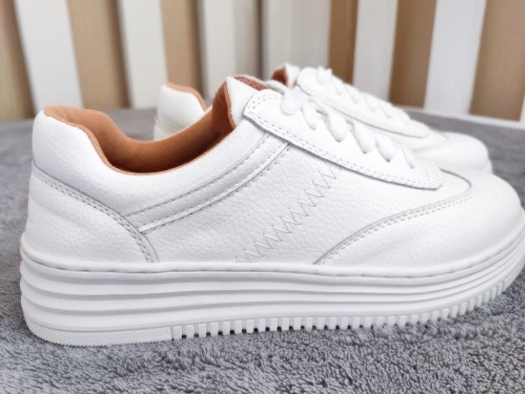 Women's White Leather Sneakers | Lace-Up Casual Fashion Flat Shoe | AquaMotivtTM
