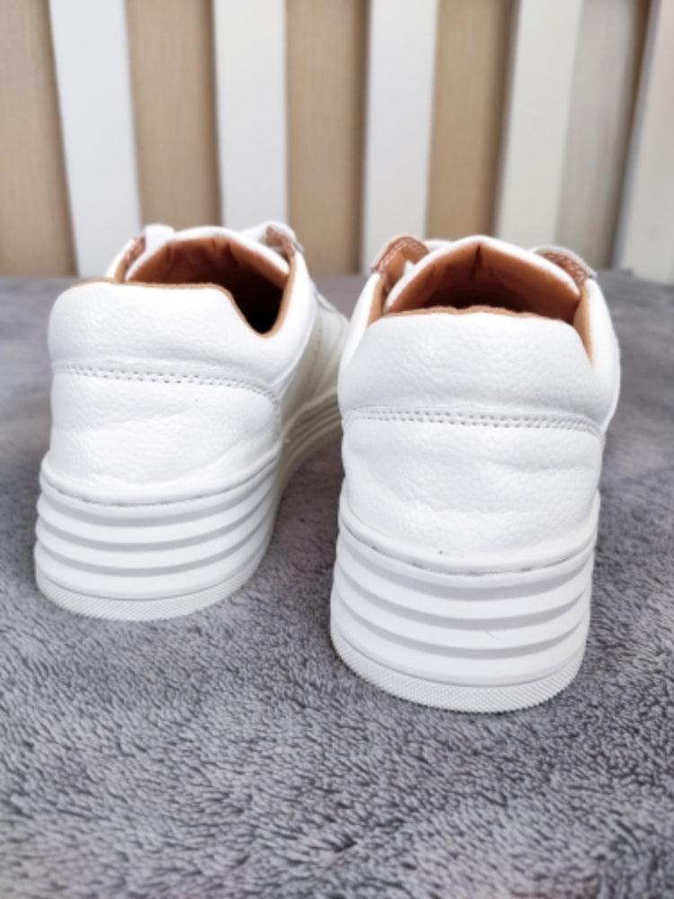 Women's White Leather Sneakers | Lace-Up Casual Fashion Flat Shoe | AquaMotivtTM