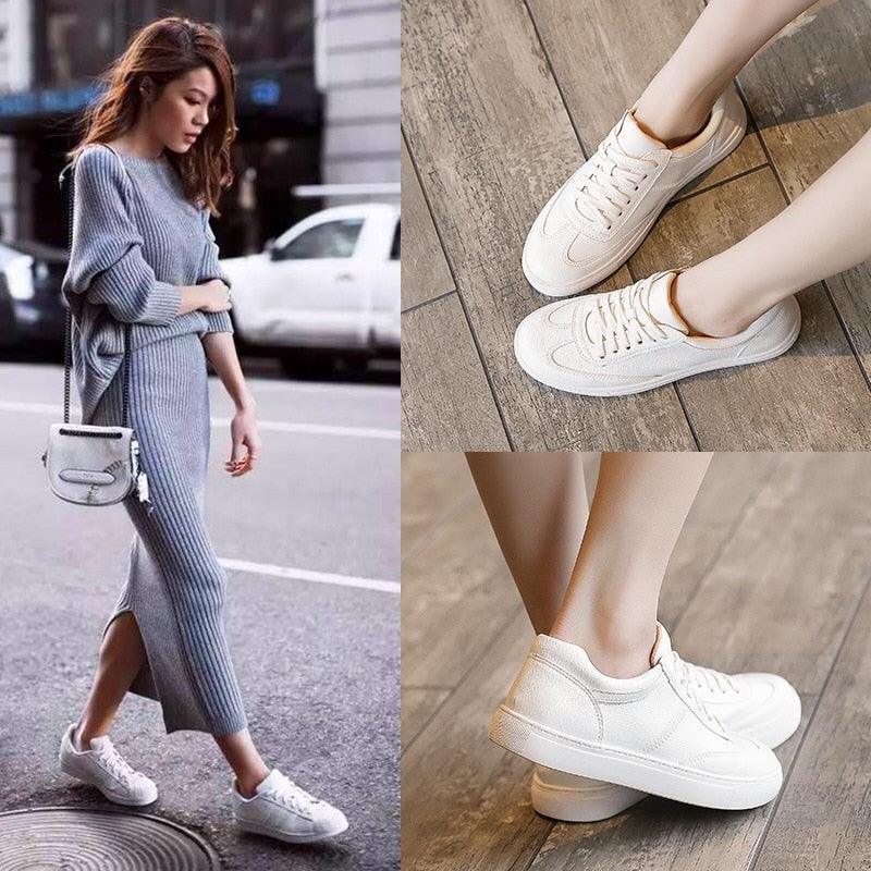Women's White Leather Sneakers | Lace-Up Casual Fashion Flat Shoe | AquaMotivtTM
