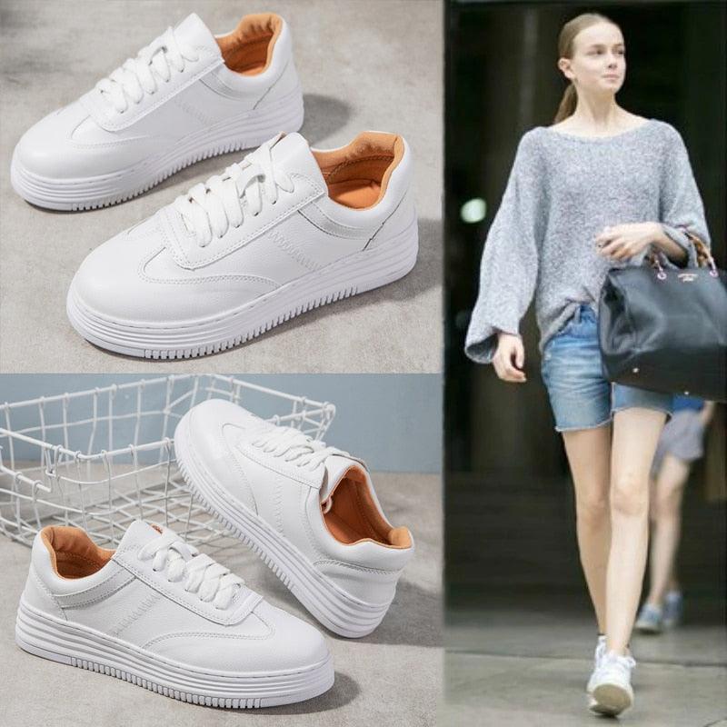 Women's White Leather Sneakers | Lace-Up Casual Fashion Flat Shoe | AquaMotivtTM