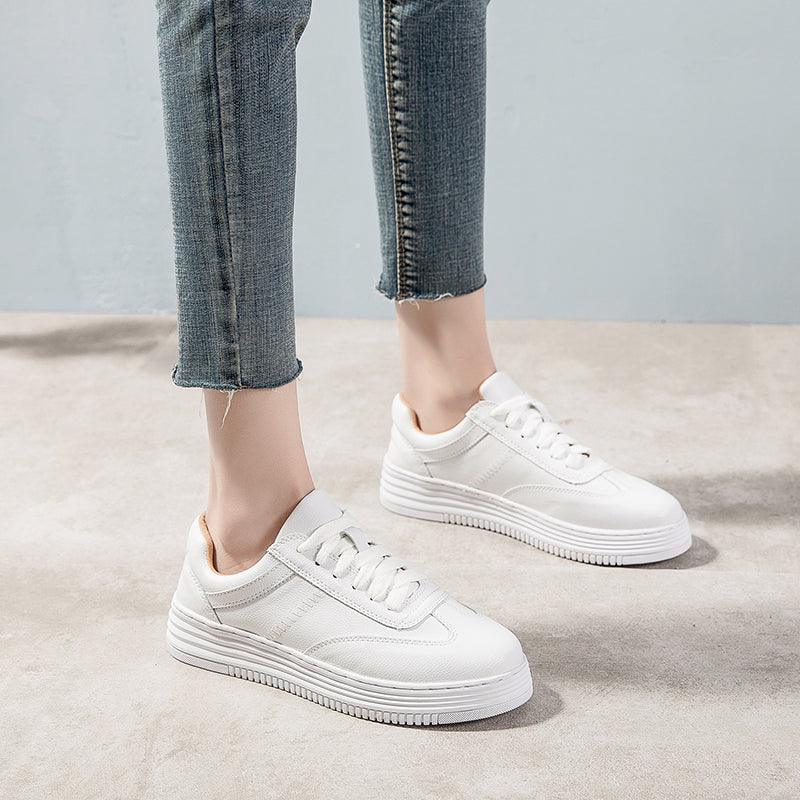 Women's White Leather Sneakers | Lace-Up Casual Fashion Flat Shoe | AquaMotivtTM